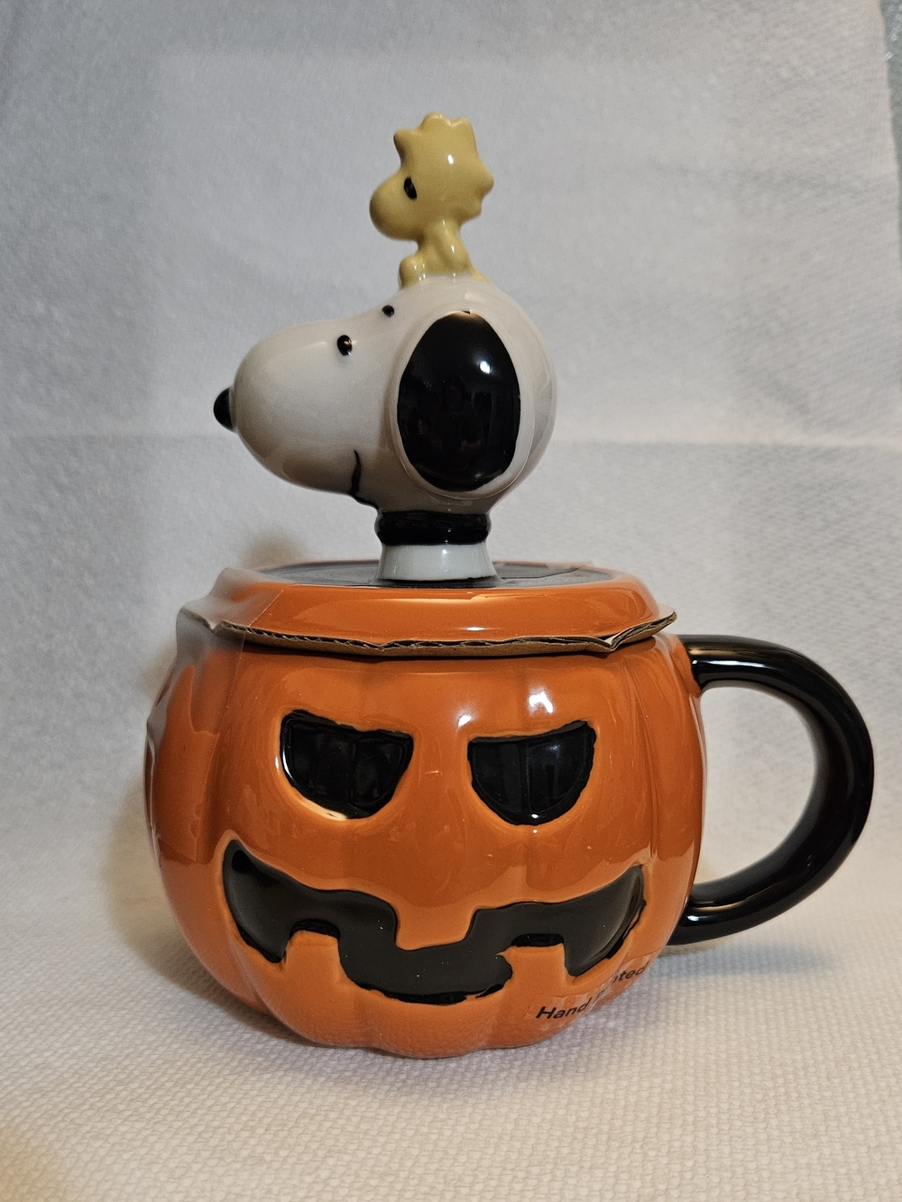 Peanuts Orange and Black Snoopy Pumpkin Mug with Woodstock Lid